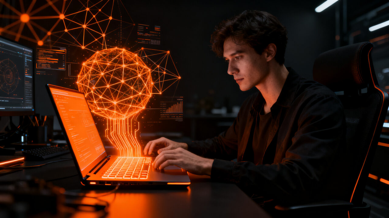 Profesional utilizando el nuevo portátil Lenovo Yoga Pro 9n con chip NVIDIA RTX Spark para desarrollo de inteligencia artificial local.
