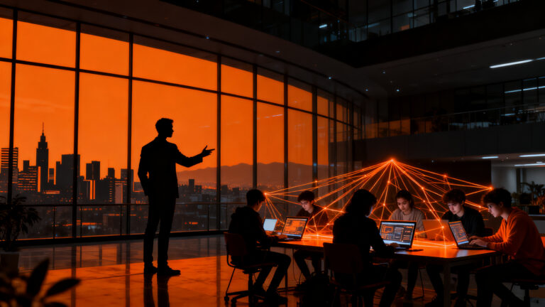 Emprendedor y estudiantes colaborando en un hub tecnológico de León, representando el ecosistema startup y la inversión en talento.