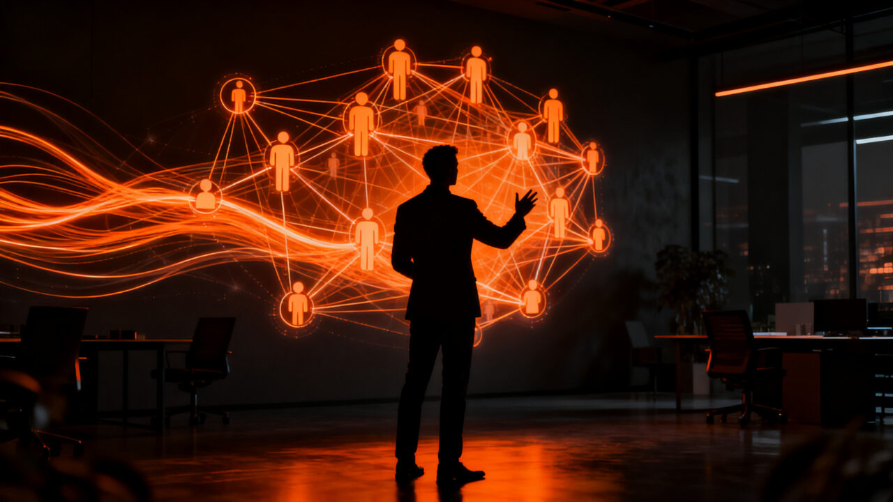 Liderazgo humano frente a la inteligencia artificial destacando habilidades blandas como empatía y comunicación en entornos corporativos.