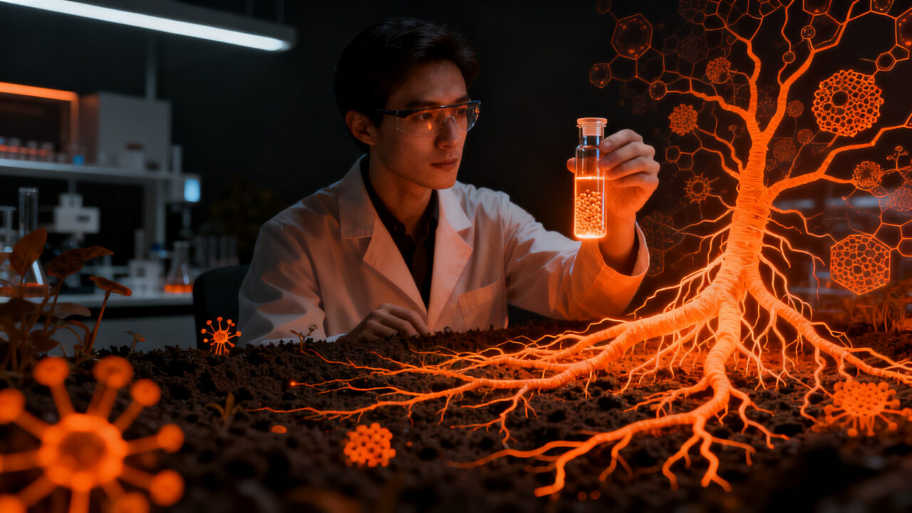 Investigador agrícola analizando inoculante microbiano en laboratorio de biotecnología para startups agtech.