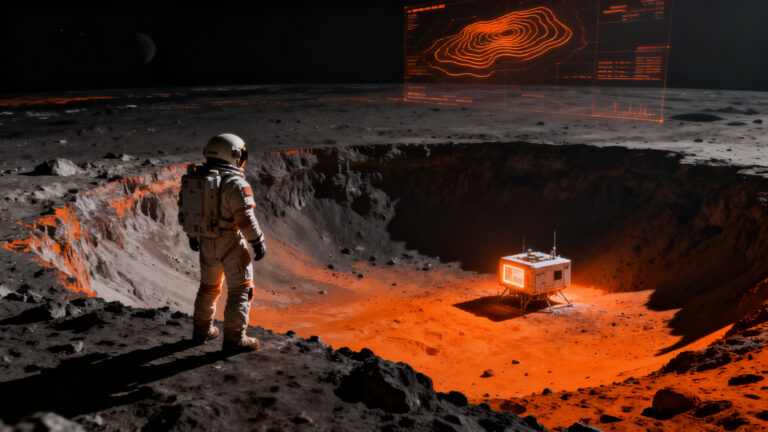 Ilustración conceptual de una pequeña base lunar en un cráter oscuro, representando los límites de los recursos hídricos para la colonización espacial.