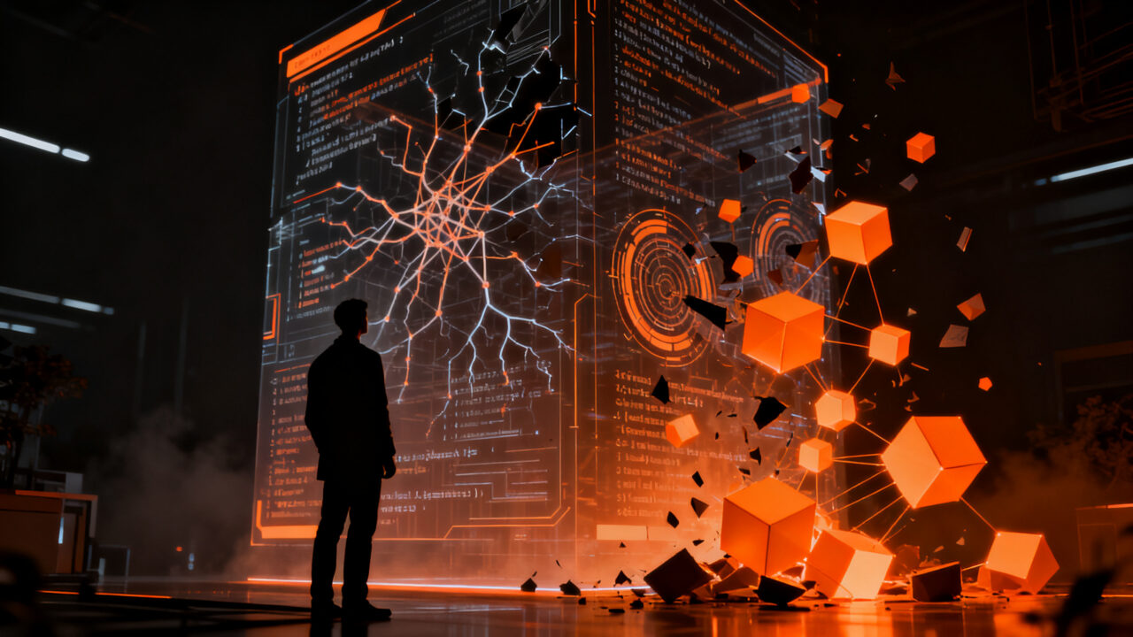 Investigador humano analizando agentes de IA en un entorno futurista, representando los límites de la auto-mejora recursiva en la investigación científica.