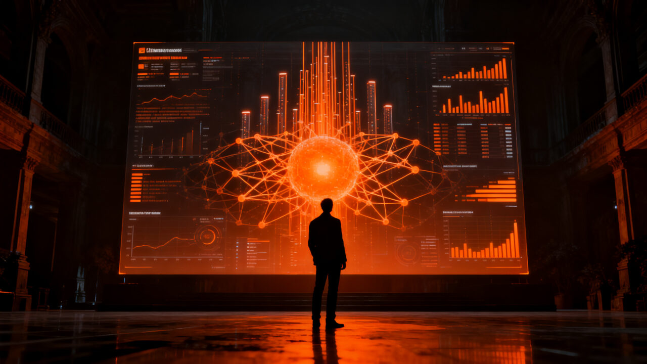 Fundador de startup de IA analizando una propuesta de adquisición millonaria en un entorno corporativo futurista.