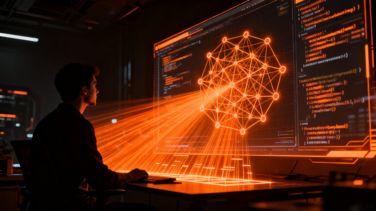 Desarrollador interactuando con una terminal de comandos futurista que despliega redes de IA, representando la actualización de la herramienta llm CLI 0.36.