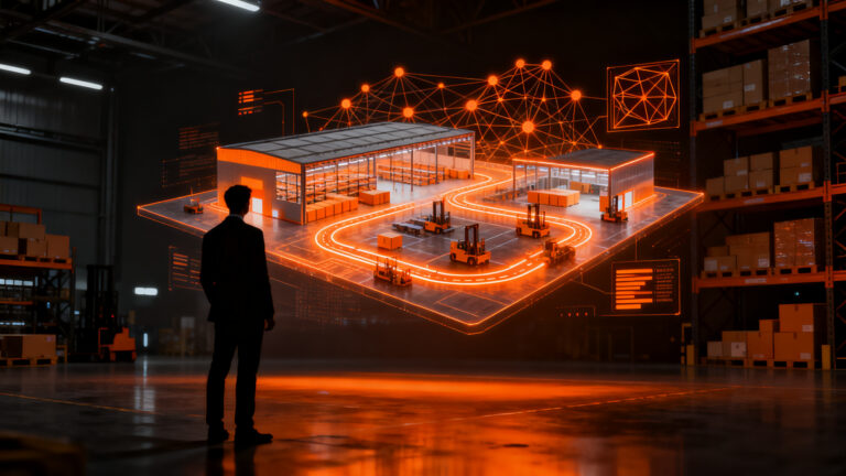 Expertos analizando gemelos digitales y automatización logística en el evento LogisticsTrends Madrid 2026.
