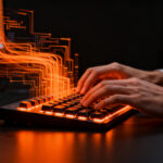 Programador utilizando el Logitech MX Keypad para optimizar flujos de trabajo con inteligencia artificial y herramientas de código.