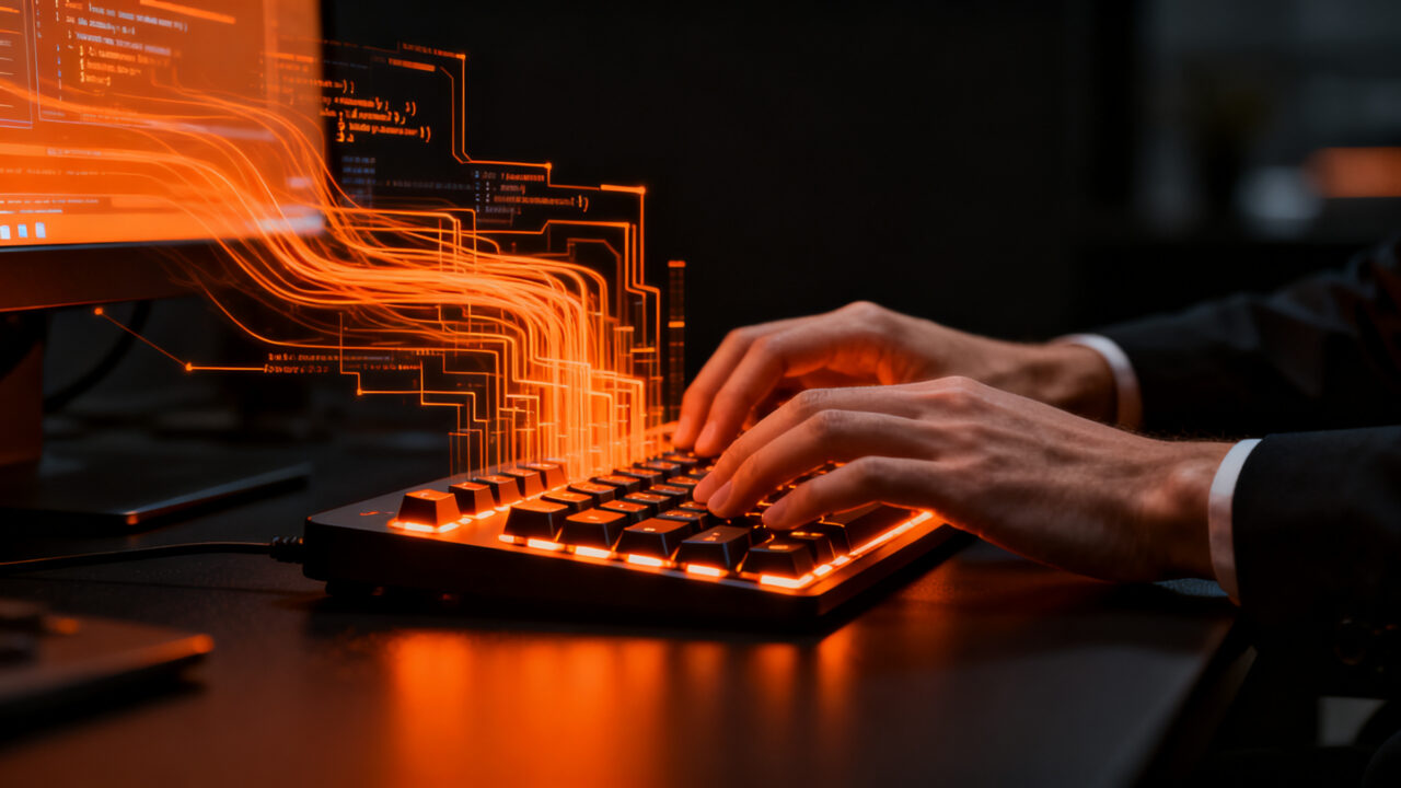 Programador utilizando el Logitech MX Keypad para optimizar flujos de trabajo con inteligencia artificial y herramientas de código.