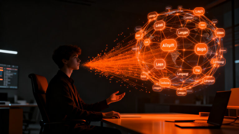 Emprendedor interactuando con una interfaz de inteligencia artificial para aprendizaje de idiomas, simbolizando el crecimiento de Loora tras su ronda Serie B.