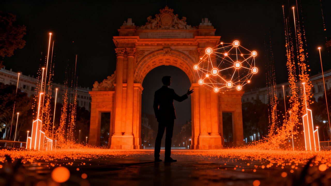 Representación visual de emprendedores presentando proyectos ante inversores en el Palacio de Cibeles, simbolizando la captación de capital en Madrid.