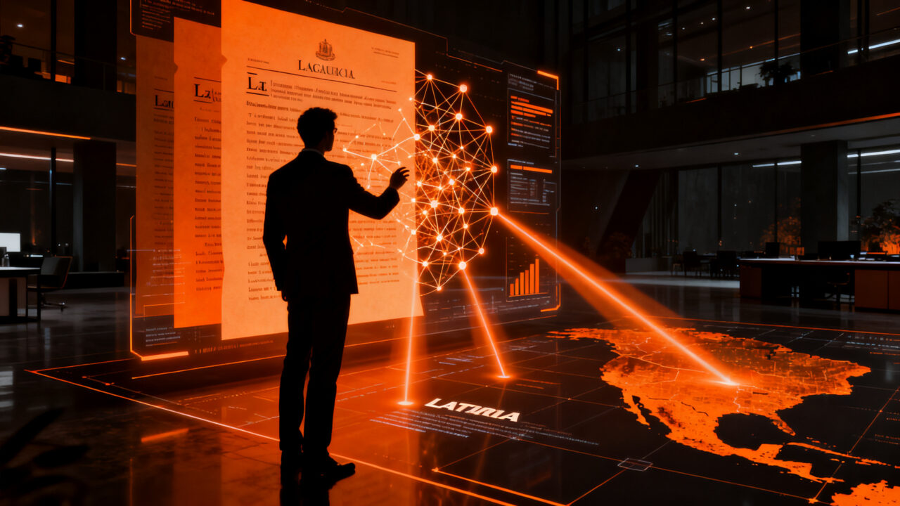 Emprendedor tecnológico analizando datos legales con IA, representando la expansión de Magnar en el mercado jurídico de Latinoamérica.