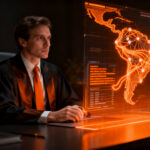 Ejecutivo legaltech analizando datos de IA en un entorno digital avanzado, representando el crecimiento de Magnar en Latinoamérica tras ronda de inversión.