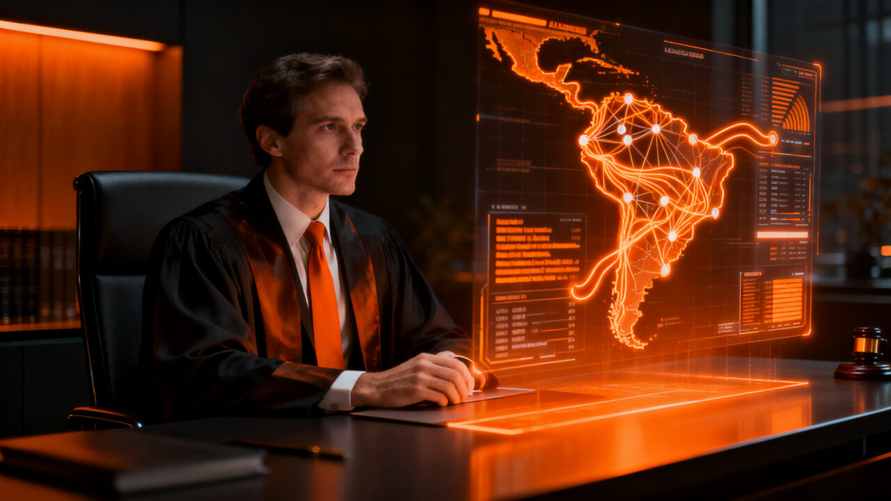 Ejecutivo legaltech analizando datos de IA en un entorno digital avanzado, representando el crecimiento de Magnar en Latinoamérica tras ronda de inversión.