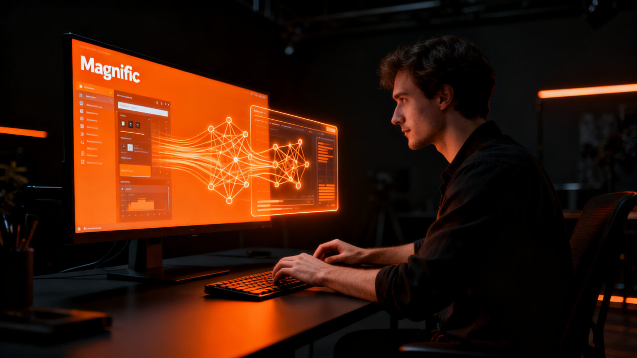 Profesional creativo trabajando con la aplicación de escritorio de Magnific AI en un entorno de trabajo optimizado para productividad.