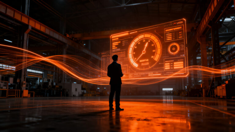 Transformación digital en la manufactura industrial, representando la brecha entre tecnología y hábitos humanos en la Industria 4.0.