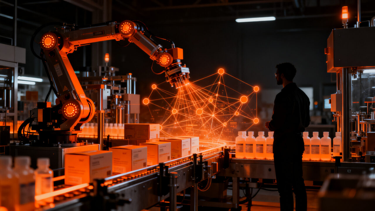 Automatización farmacéutica avanzada y visión artificial en la industria industrial, inspirada en Marchesini Group en CPHI 2026.