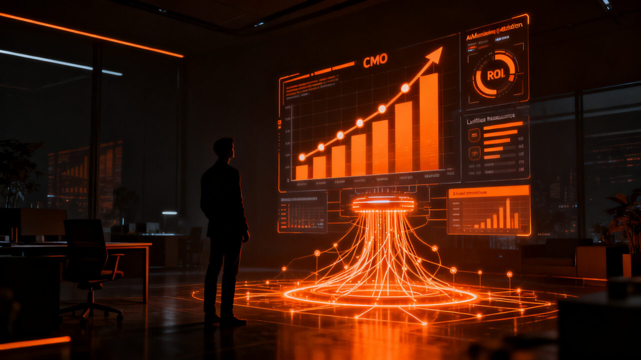 CMO analizando métricas de marketing con inteligencia artificial para optimizar presupuestos reducidos hacia el 2026.