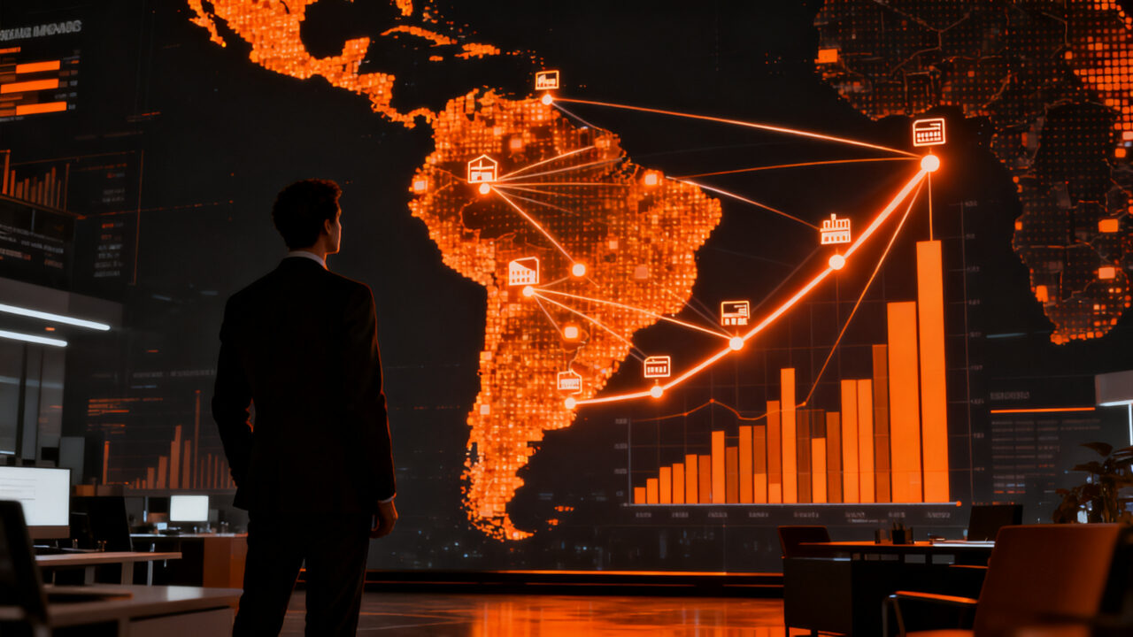 Estratega de marketing digital analizando datos de e-commerce en América Latina para PYMEs, representando la transformación y crecimiento tecnológico.