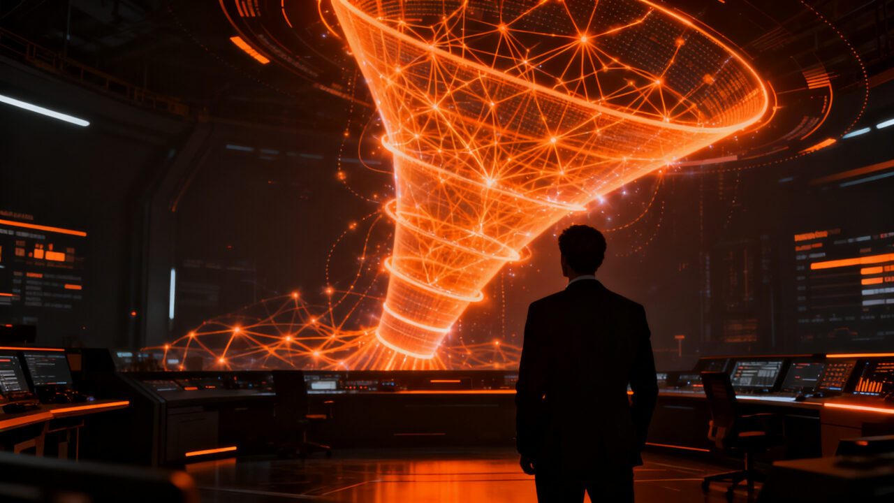 Estratega digital observando flujos de automatización con IA agente en un entorno SaaS futurista.