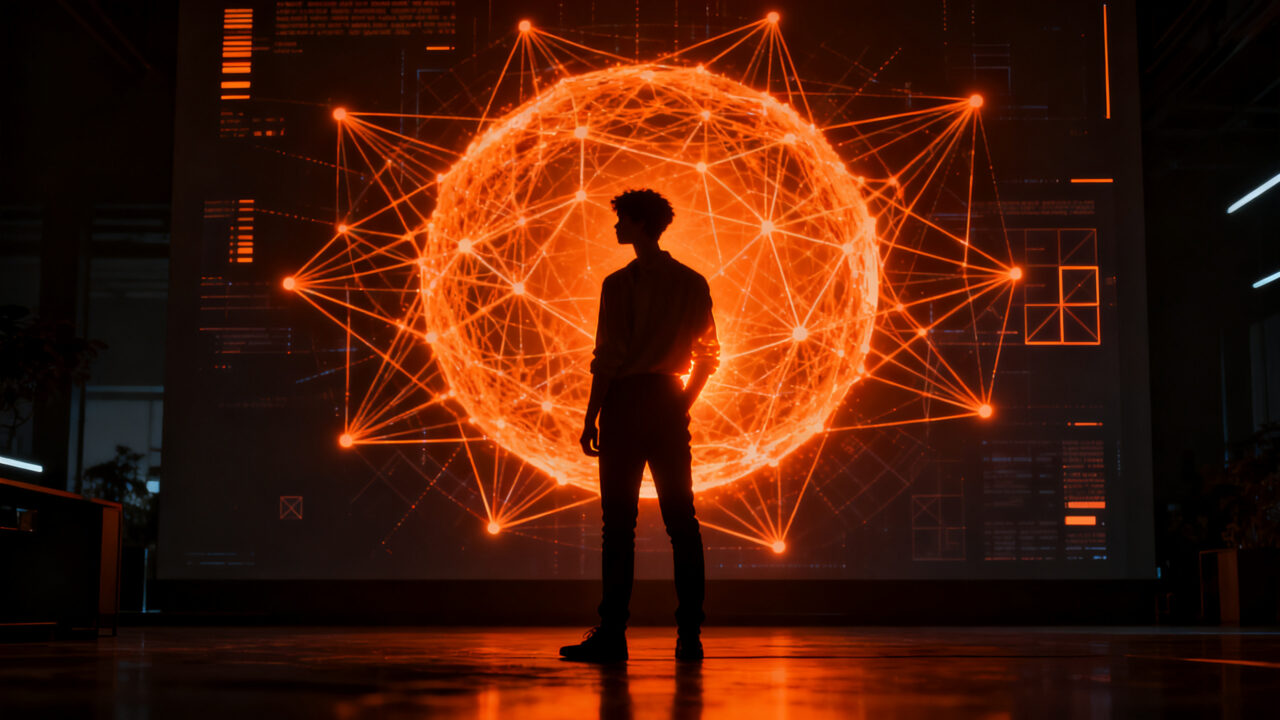 Estratega de marketing humano frente a una red neuronal de IA, representando la creatividad publicitaria única y la psicología del consumidor.