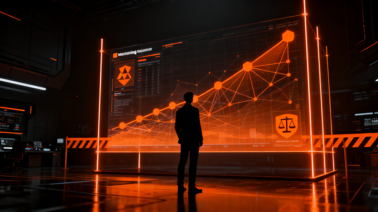 Estratega de marketing analizando datos complejos y regulación de IA en el entorno de redes sociales.