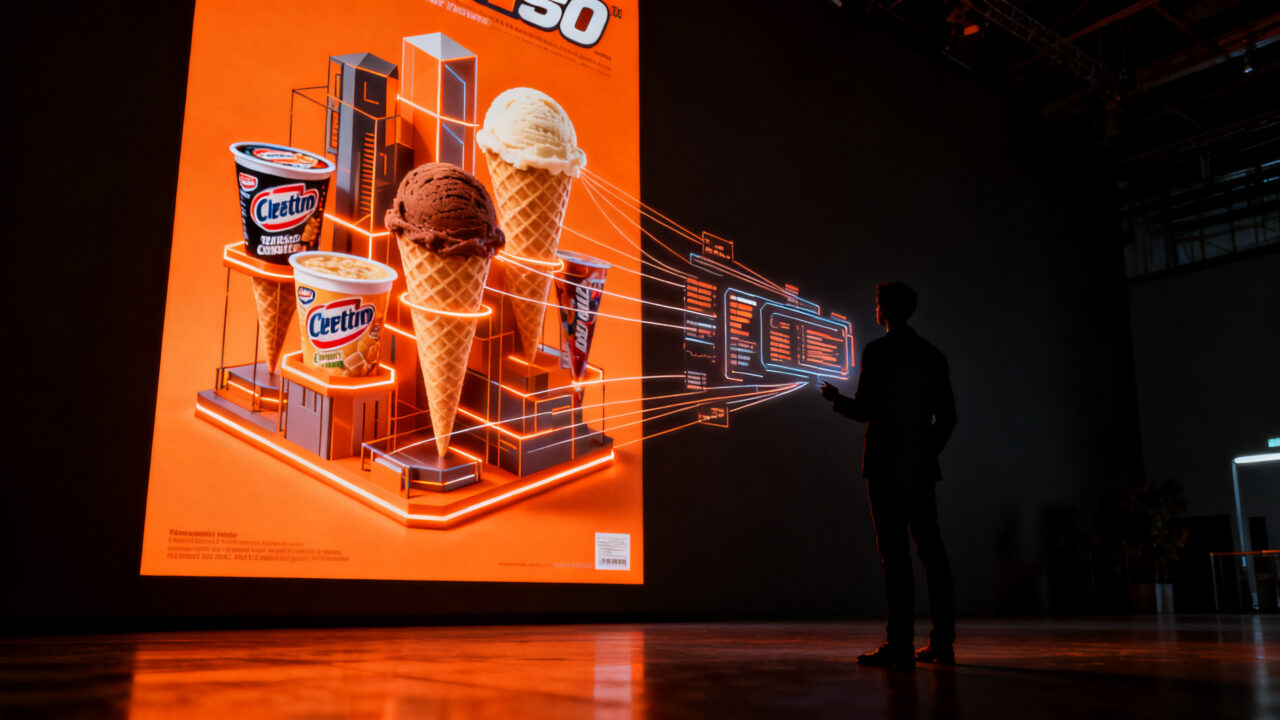 Cartel de helados retro de 1990 como lección de marketing visual frente a la IA moderna.