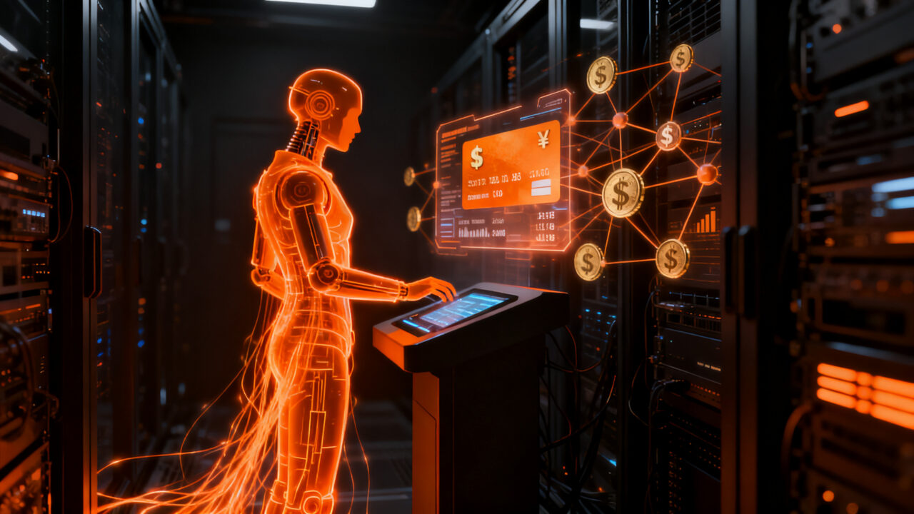 Agente de IA realizando pagos automatizados con tarjeta virtual, representando el futuro del comercio agéntico y la tecnología Mastercard.