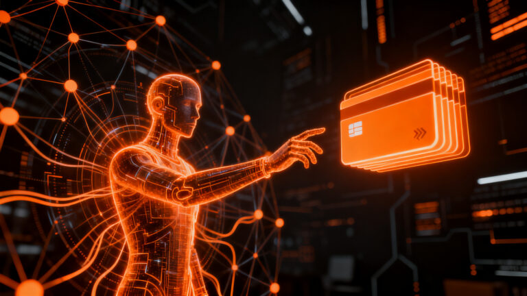 Agente de IA realizando pagos autónomos mediante la nueva tecnología Agent Pay de Mastercard y Alchemy, representando el futuro del comercio.