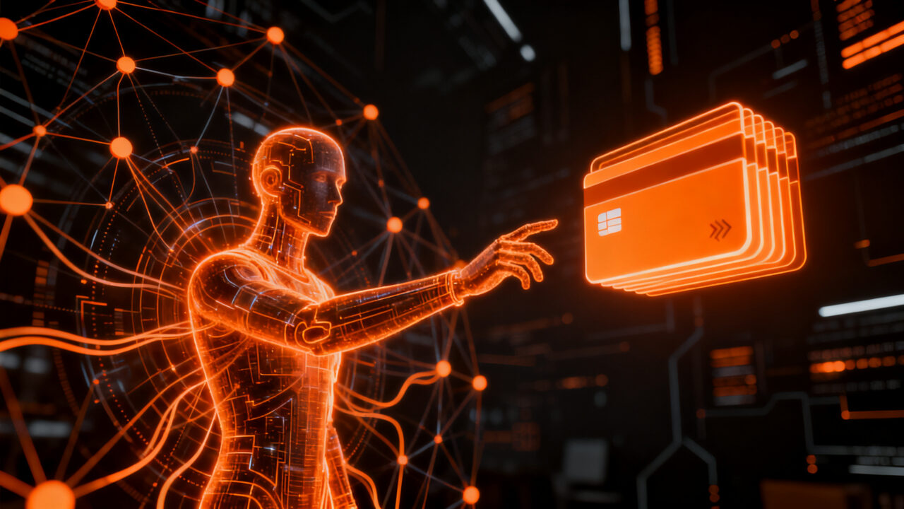 Agente de IA realizando pagos autónomos mediante la nueva tecnología Agent Pay de Mastercard y Alchemy, representando el futuro del comercio.