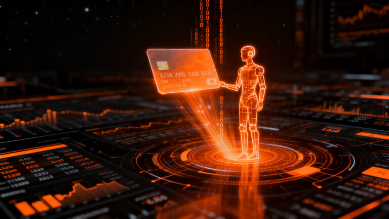 Agente de IA realizando pagos autónomos con tarjeta virtual, representando el futuro del comercio agentivo entre Mastercard y Alchemy.