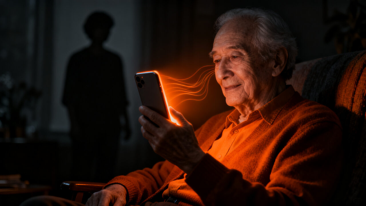 Smartphone adaptado de la startup Maximiliana conectando a personas mayores con sus familiares mediante tecnología accesible.