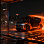Robotaxi autónomo de May Mobility navegando en una ciudad inteligente representando su entrada a Nasdaq y escalabilidad tecnológica.
