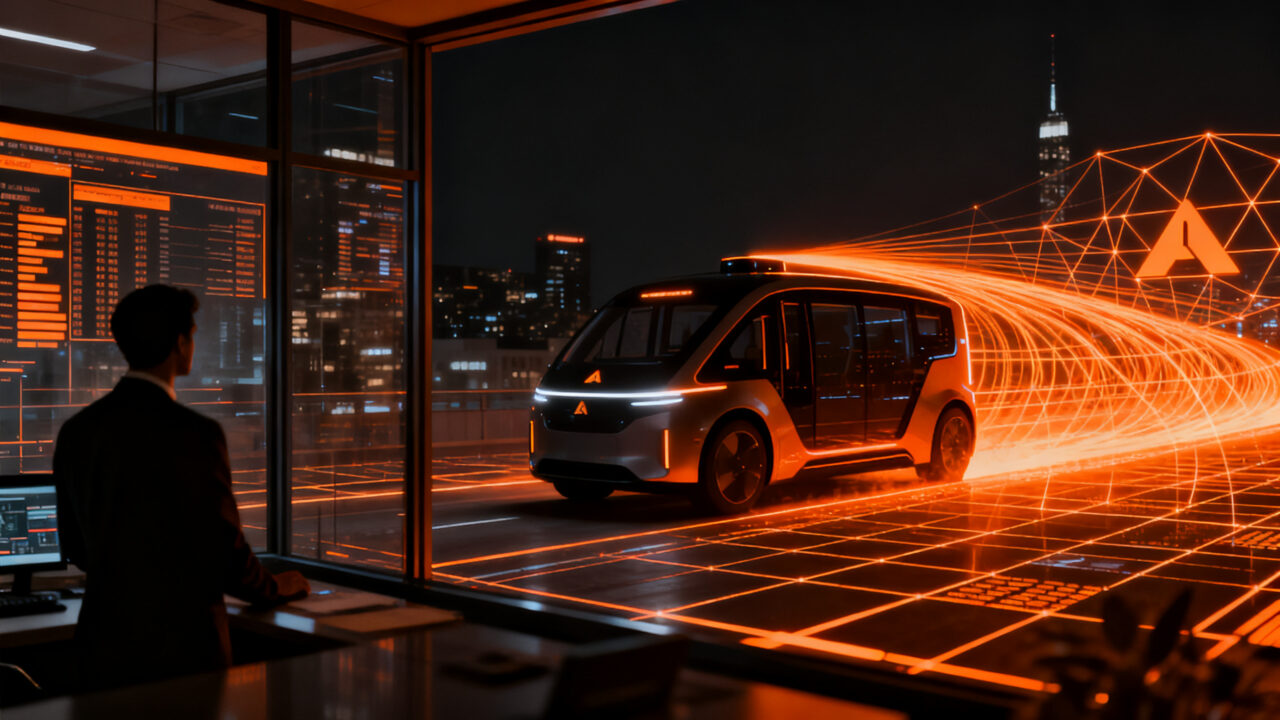 Robotaxi autónomo de May Mobility navegando en una ciudad inteligente representando su entrada a Nasdaq y escalabilidad tecnológica.