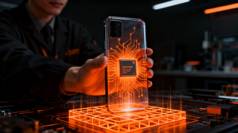 Representación visual de un procesador avanzado Dimensity con capacidades de inteligencia artificial generativa integrado en un smartphone de nueva generación.