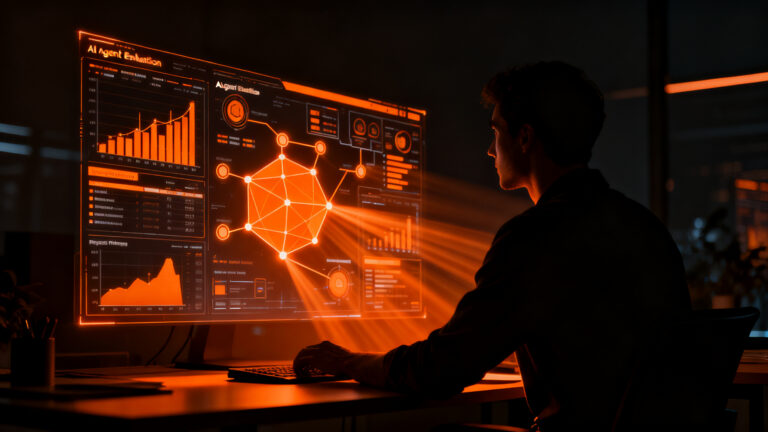 Ingeniero analizando métricas de rendimiento en agentes de IA para optimización de LLMs y evaluación en entornos de producción.