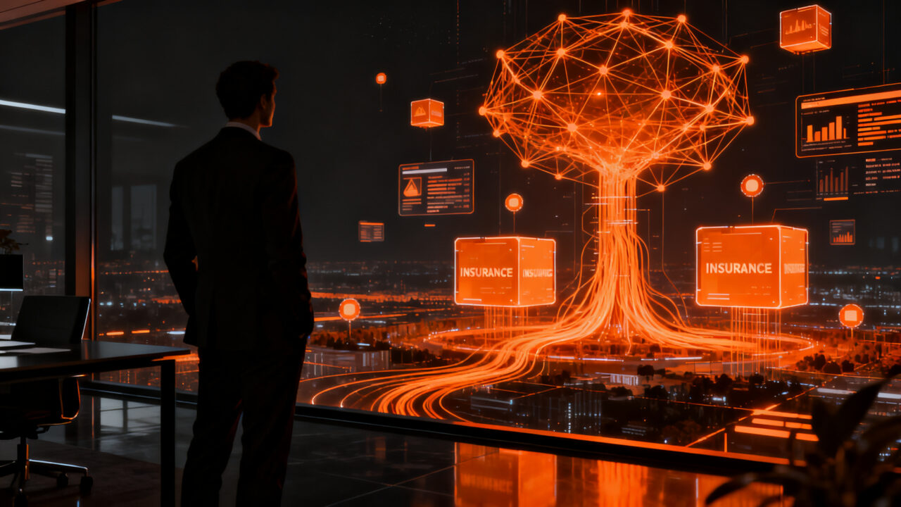 Ejecutivo analizando datos de seguros e inteligencia artificial en el mercado asegurador argentino.