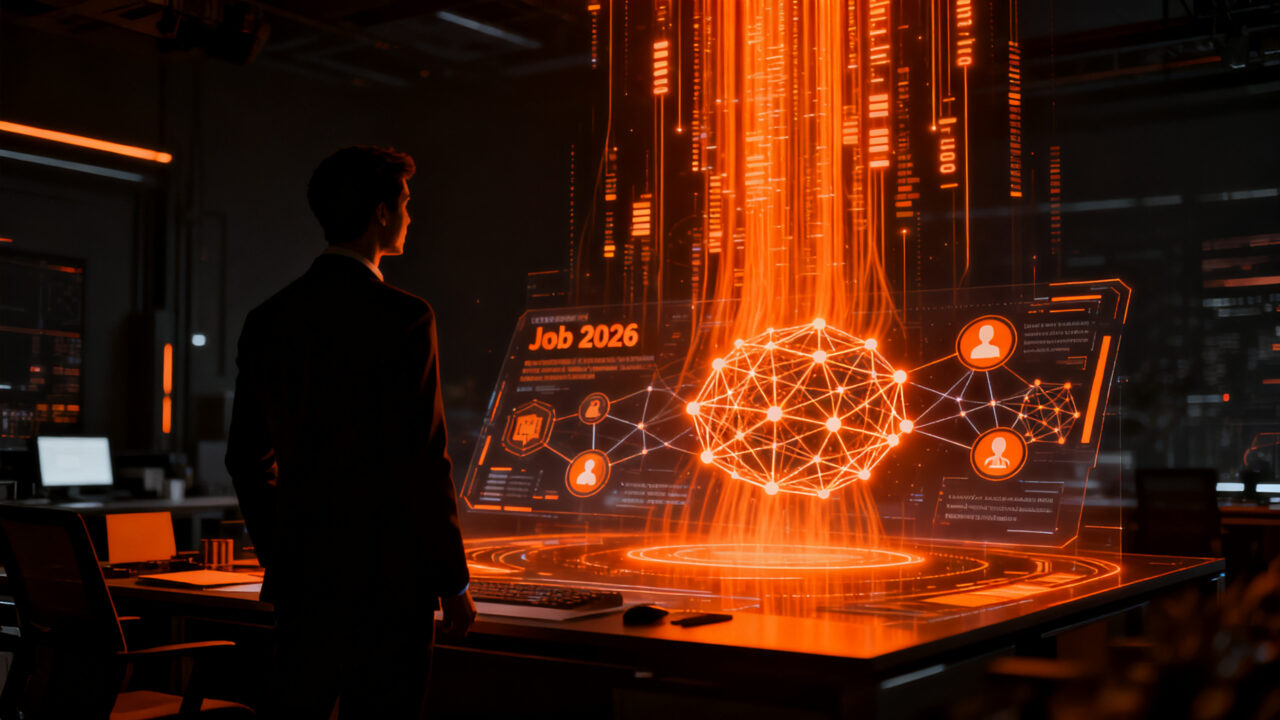 Profesional analizando redes neuronales de inteligencia artificial y habilidades blandas en el futuro mercado laboral de 2026.