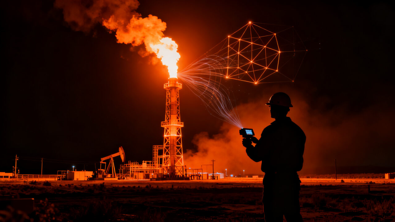 Tecnología de IA infrarroja de MES y SENSIA midiendo emisiones en antorchas de Vaca Muerta para reducir el impacto ambiental.