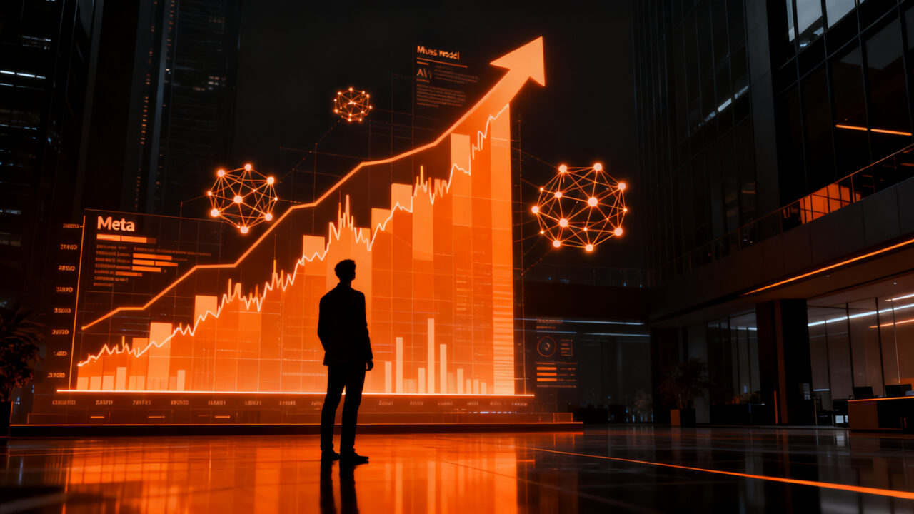 Inversionista analizando el crecimiento de acciones de Meta y el impacto de Muse en el mercado tecnológico global.