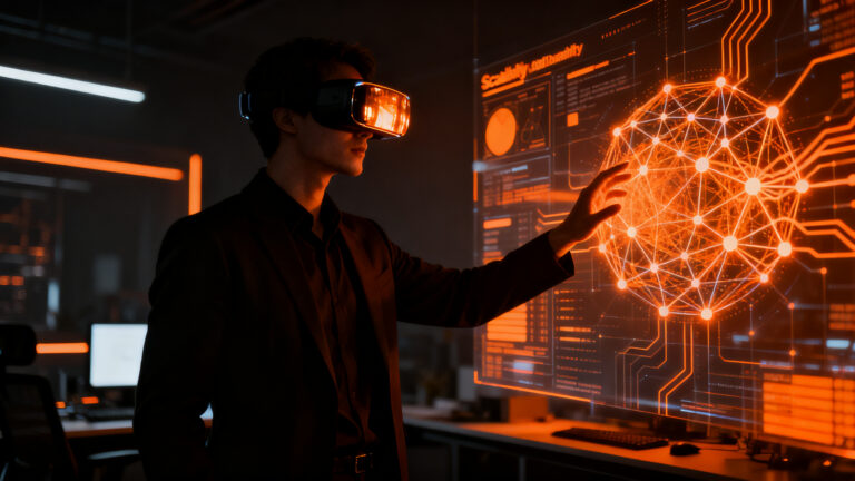 Silueta de un desarrollador interactuando con una interfaz de realidad virtual y agentes de IA, representando el impacto de Meta Connect 2026 en el ecosistema startup.