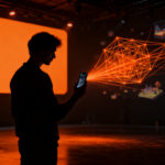 Usuario creando juegos mediante IA con Meta Horizon Create en un entorno digital futurista.