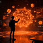 Estudiante interactuando con una interfaz de aprendizaje inmersivo potenciada por inteligencia artificial en un aula virtual futurista.