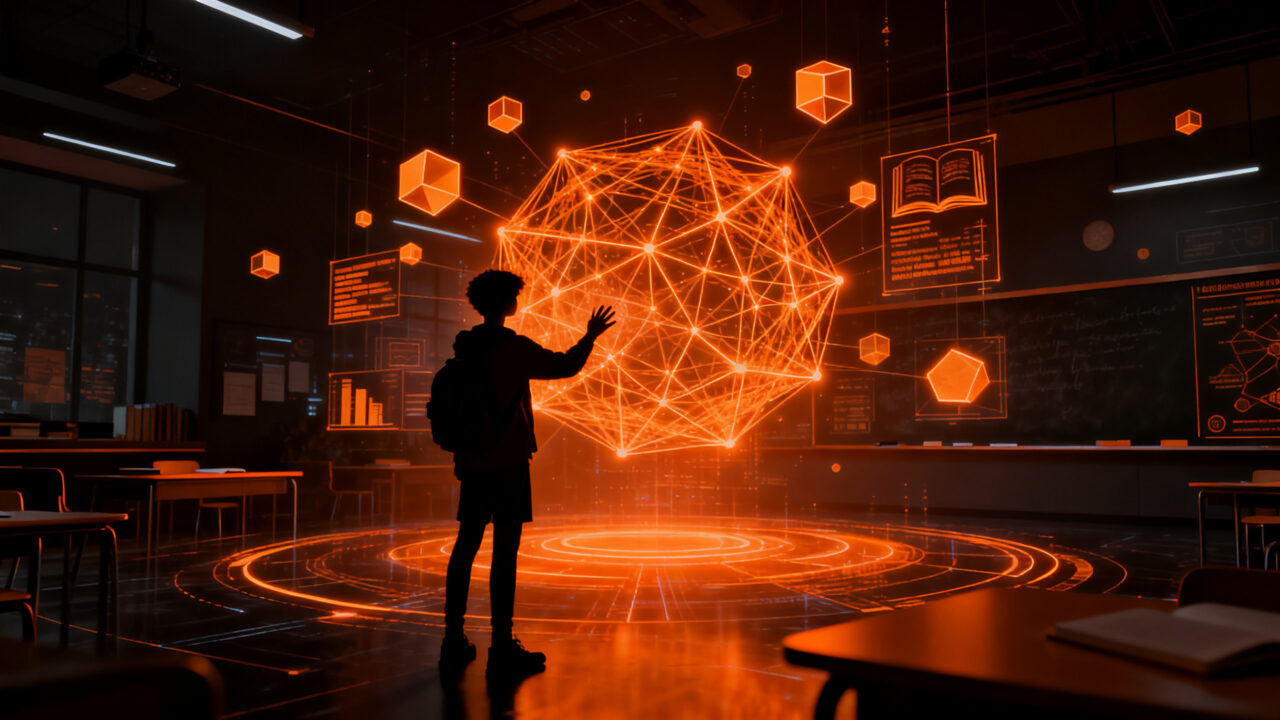 Estudiante interactuando con una interfaz de aprendizaje inmersivo potenciada por inteligencia artificial en un aula virtual futurista.