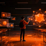 Estudiante inmerso en un entorno educativo virtual 3D potenciado por inteligencia artificial y realidad virtual.