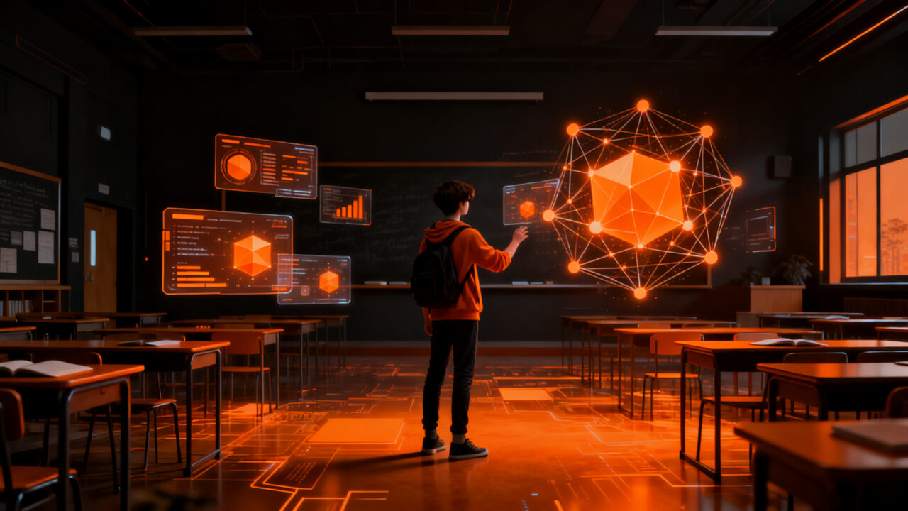 Estudiante inmerso en un entorno educativo virtual 3D potenciado por inteligencia artificial y realidad virtual.