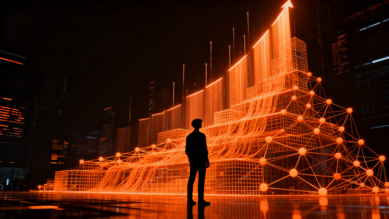 Emprendedor frente a una arquitectura compleja de datos de IA, representando la valoración masiva y el crecimiento explosivo de la startup Micro1.