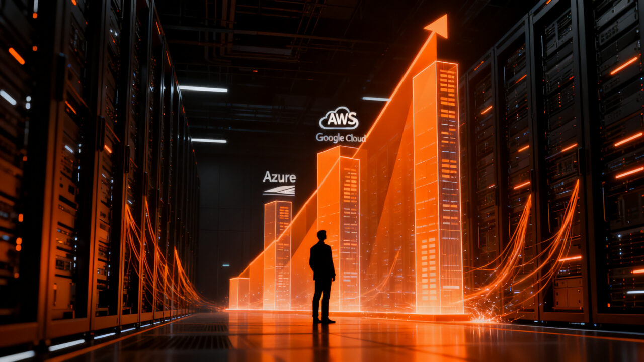 Analista financiero observando gráficos de ingresos de Microsoft Azure frente a competidores cloud.