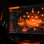 Profesional trabajando con agentes autónomos de IA y Microsoft Copilot en un entorno corporativo digital.
