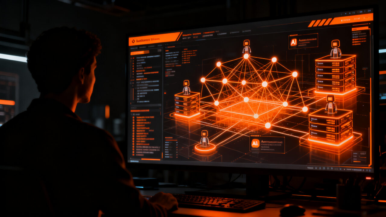 Profesional trabajando con agentes autónomos de IA y Microsoft Copilot en un entorno corporativo digital.