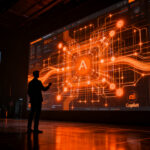 Silueta de profesional interactuando con una interfaz de red neuronal naranja, representando la nueva super app de IA enterprise de Microsoft Copilot.