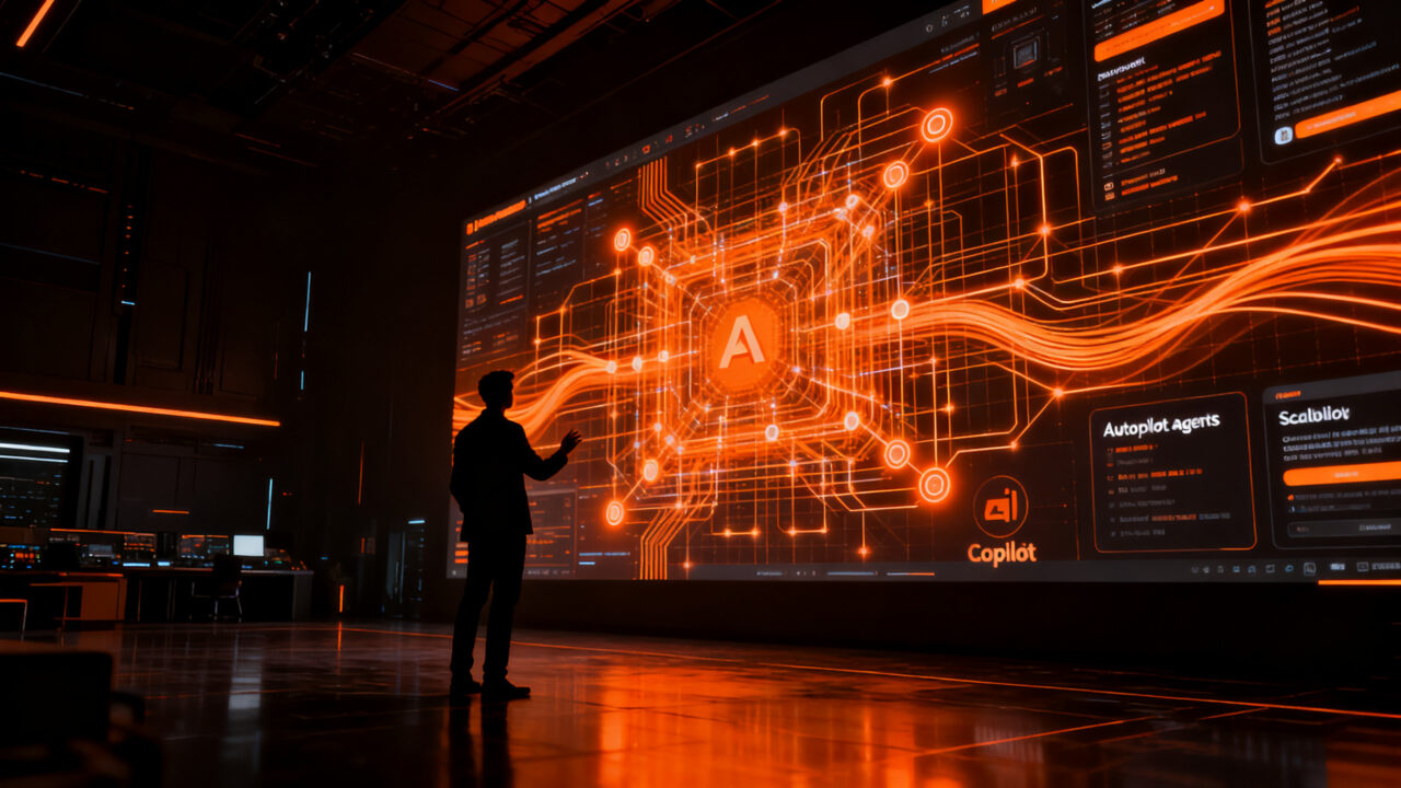 Silueta de profesional interactuando con una interfaz de red neuronal naranja, representando la nueva super app de IA enterprise de Microsoft Copilot.